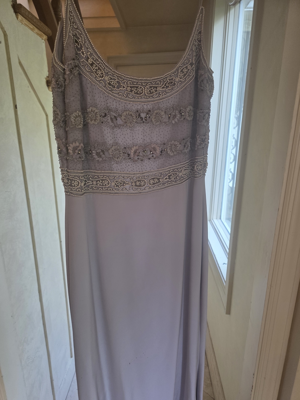 Badgley Mischka Lilac Beaded Long Sleeve Evening Gown